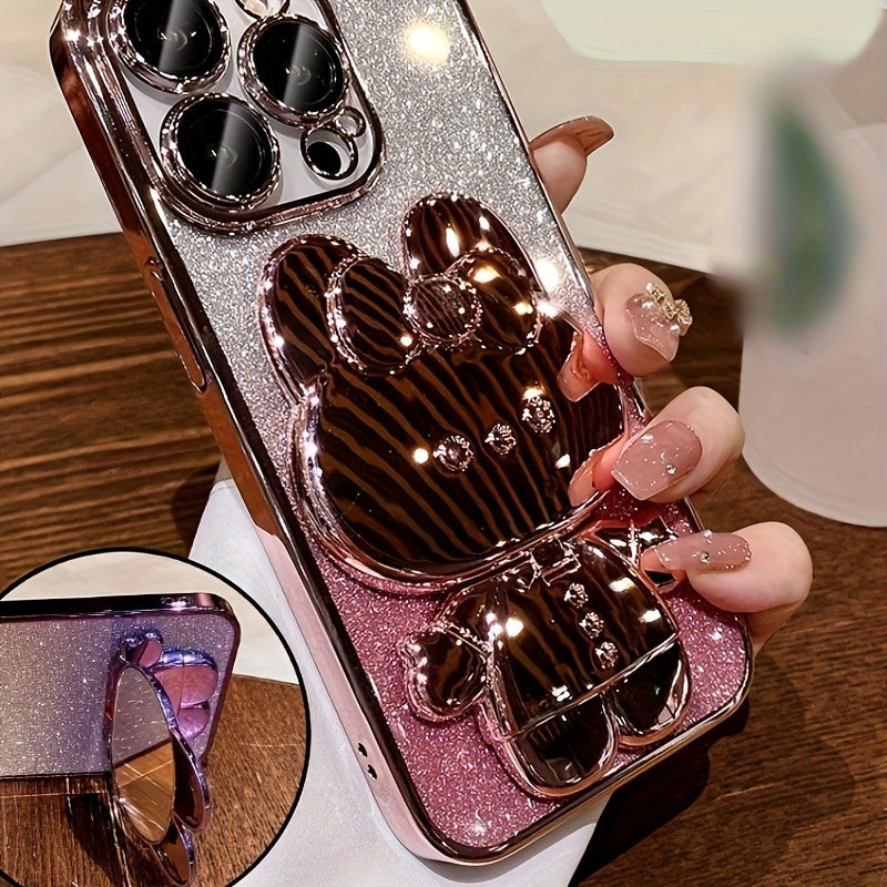 deluxe electroplated case for Apple iPhone 15/14/13/12/11Pro max, romantic - Cute bunny phone holder and hidden holder - shockproof ultra-thin protection, Easter - Valentine's Day gift