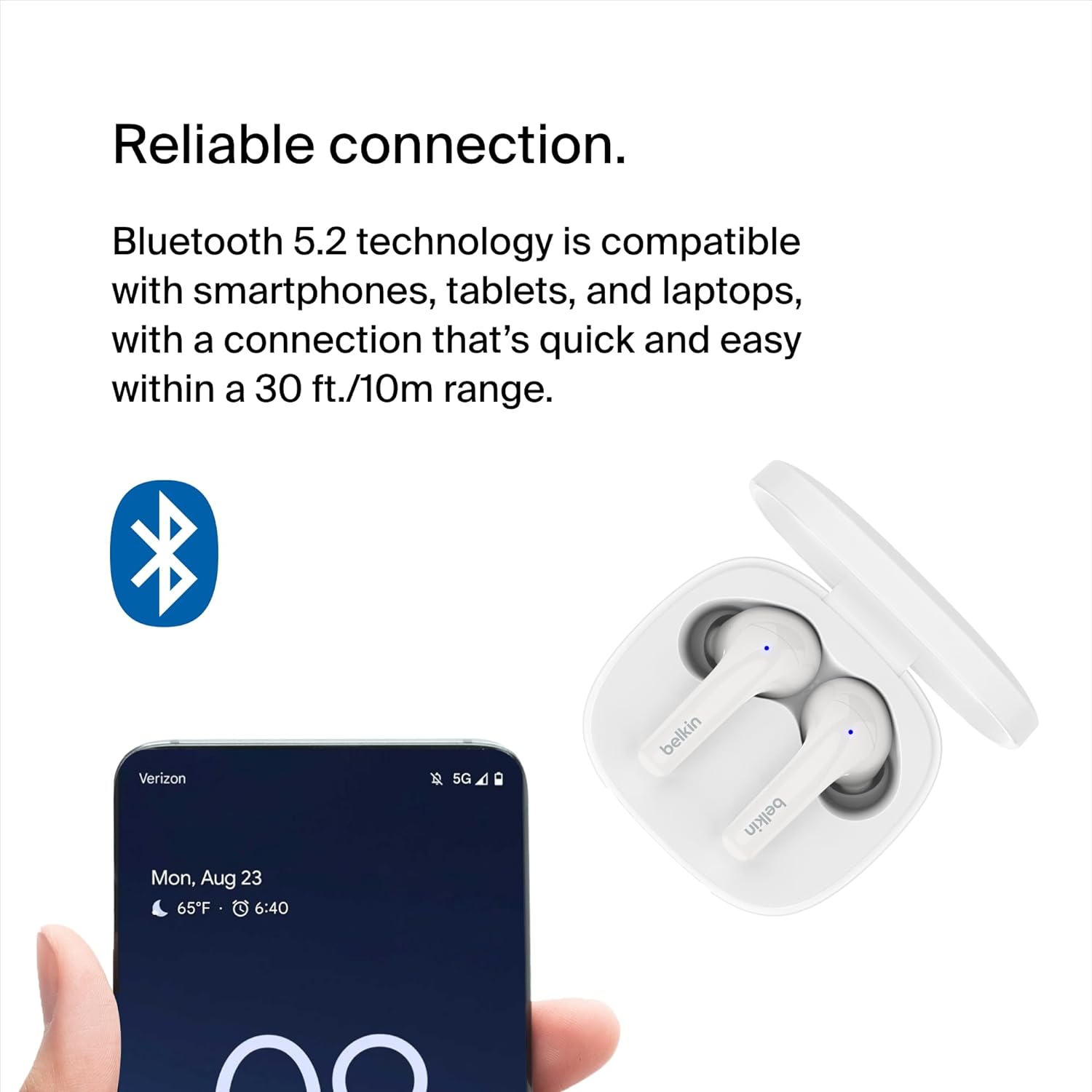 Belkin SoundForm™ Motion True Wireless Earbuds, Noise Cancelling Ear Buds with Wireless Charging Case & Dual Microphone - IPX5 Water Resistant Bluetooth Headphones for iPhone & Samsung - White