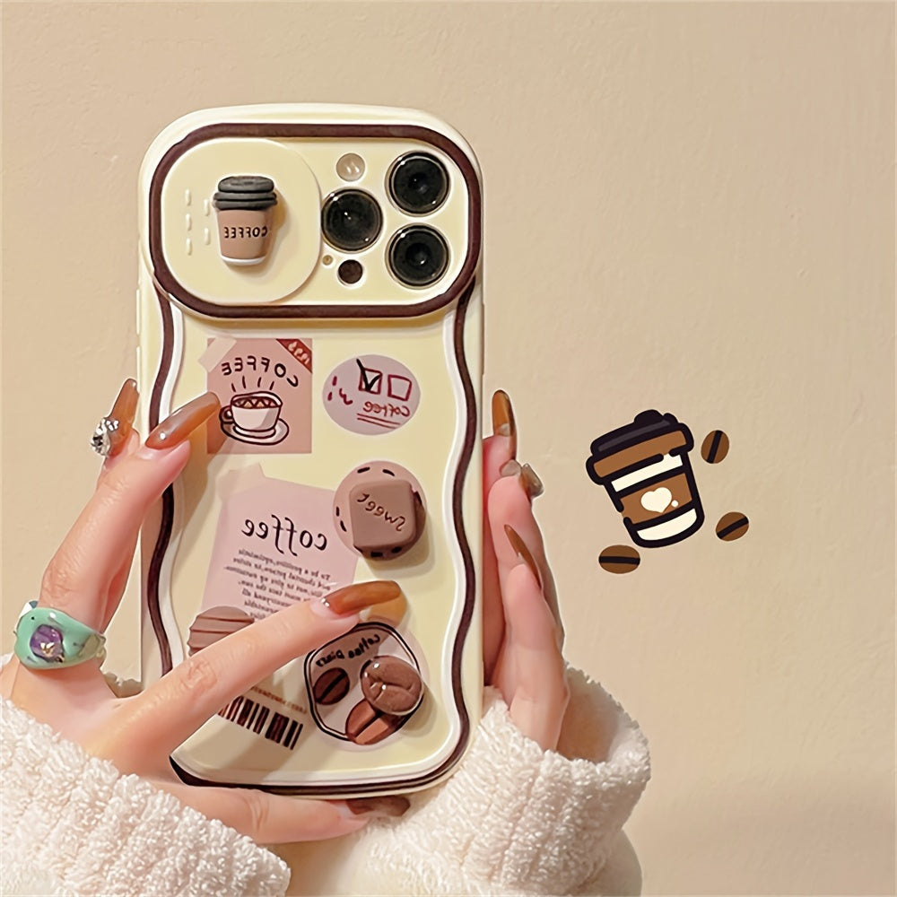Korean Cute 3D Coffee Push-Pull Camera Protection Phone Case For iPhone 11 12 13 14 15 Pro Max 14 15 Plus XR XS Max Soft Cover