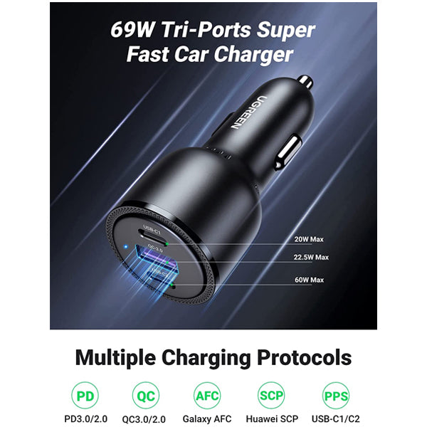 UGREEN 69W Fast Car USB Charger Adapter 3 Ports Car Mobile Phone Fast Charging Socket Plug with PD 60W USB C Port & Quick Charge 3.0 Compatible with iPhone 13/13 Pro Max, iPad Pro, iPad mini, MacBook