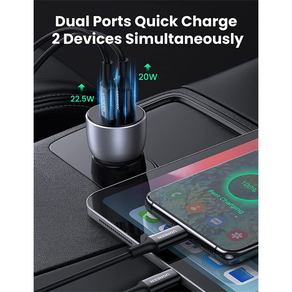 UGREEN Fast Car Charger Adapter 42.5W Dual USB Quick Charge QC 3.0 and PD Fast Charging Car Plug for iPhone 13 Pro/13 Pro Max/13/13 mini/12 Pro Max/11Pro Max, New iPad 9,iPad mini 6,Galaxy S20 S10,etc
