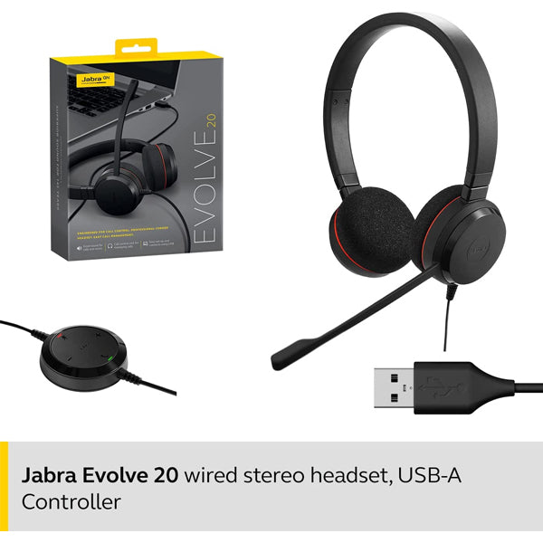 Jabra Evolve 20 Stereo Headset Wired Headphones for VoIP Softphone with Passive Noise Cancellation USB Cable with Controller Black, Medium