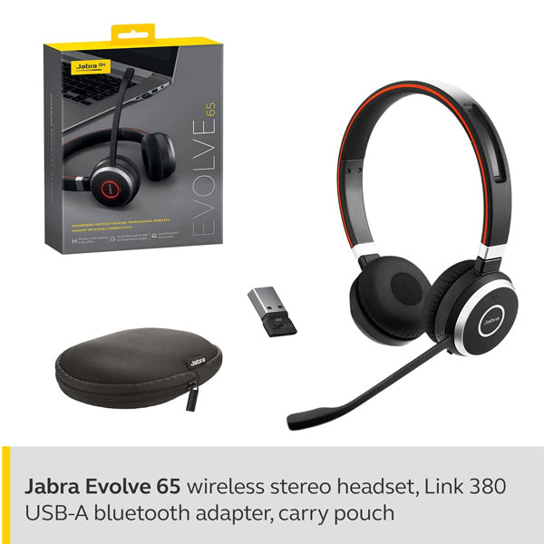 Jabra Evolve 65 Wireless Stereo On-Ear Headset – Microsoft Certified Headphones With Long-Lasting Battery – USB Bluetooth Adapter – Black