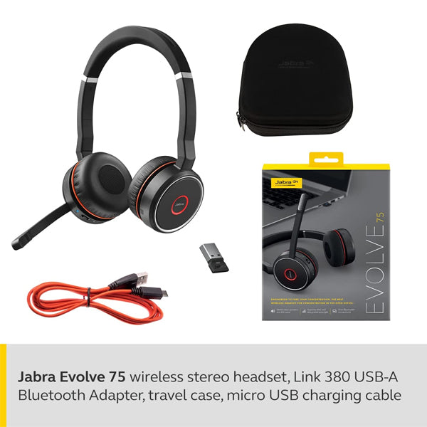 Jabra Evolve 75 MS Wireless Stereo On-Ear Headset – Microsoft Certified Headphones With Long-Lasting Battery – USB Bluetooth Adapter – Black