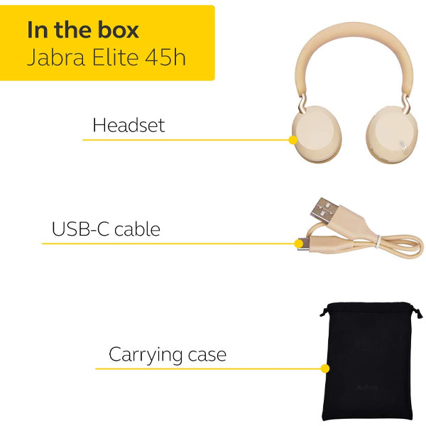 Jabra Elite 45h Wireless On-Ear Headphones - Compact, Foldable Earphones with 50-Hours Battery Life, 2-Microphone Call Technology and Alexa Built-in - Gold Beige