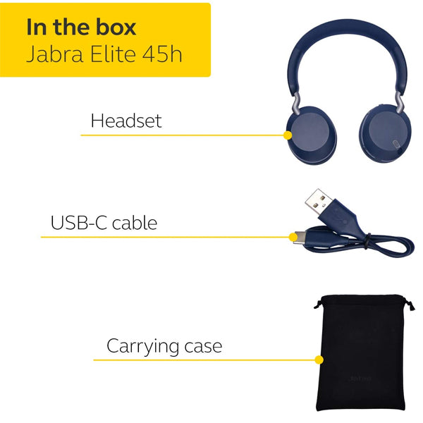 Jabra Elite 45h Wireless On-Ear Headphones - Compact, Foldable Earphones with 50-Hours Battery Life, 2-Microphone Call Technology and Alexa Built-in - Navy