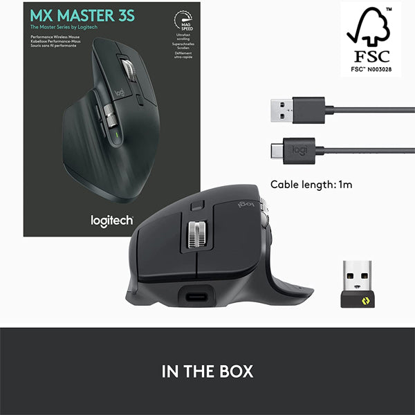 Logitech MX Master 3S - Wireless Performance Mouse with Ultra-fast Scrolling, Ergo, 8K DPI, Track on Glass, Quiet Clicks, USB-C, Bluetooth, Windows, Linux, Chrome - Graphite